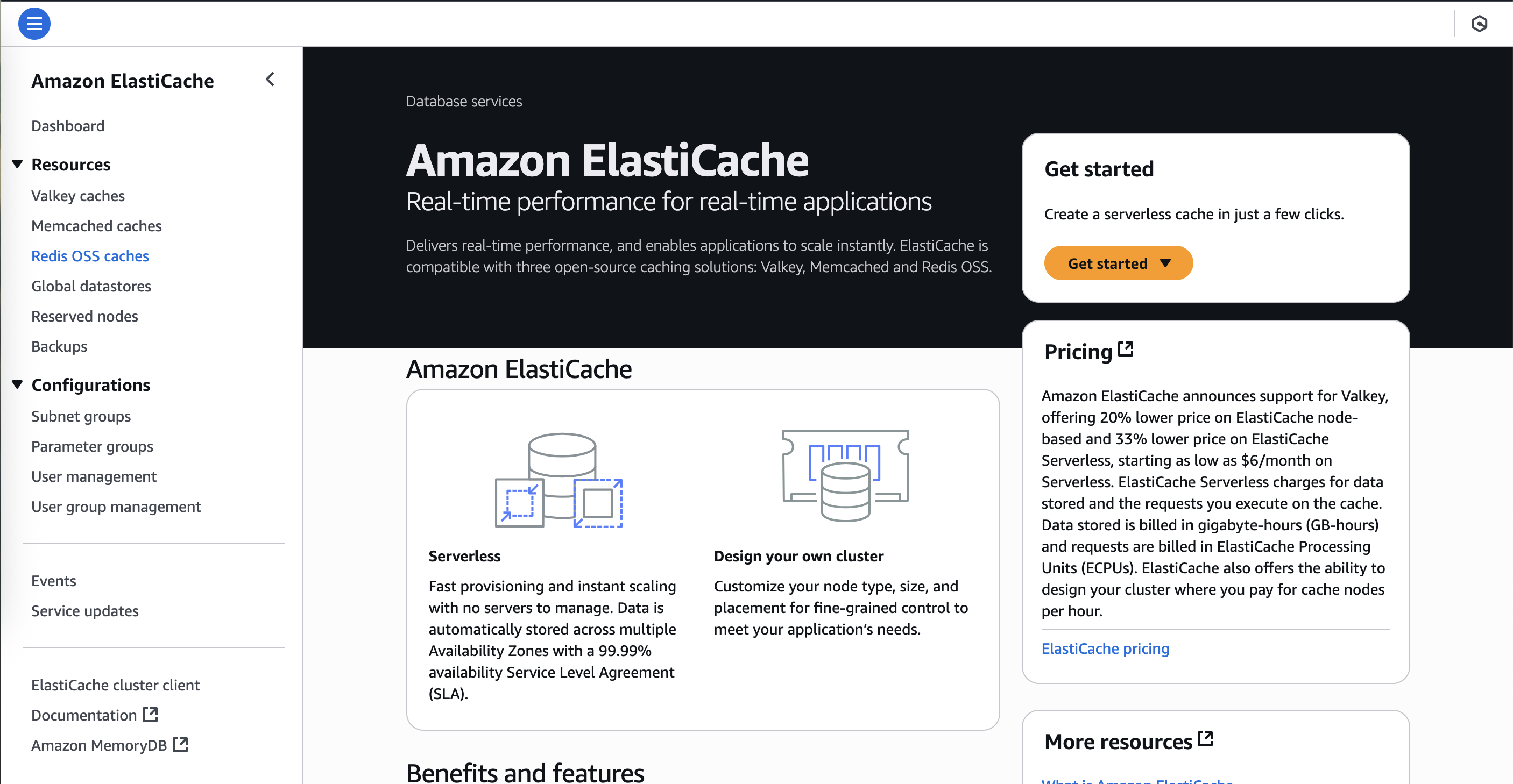 AWS ElastiCache dashboard Page